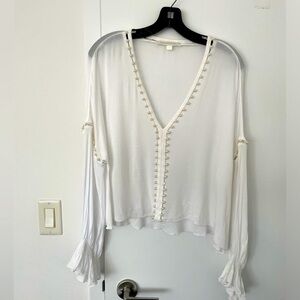 Jonathan Simkhai V-Neck Long-Sleeve Studded Crepe Top with faux pearl